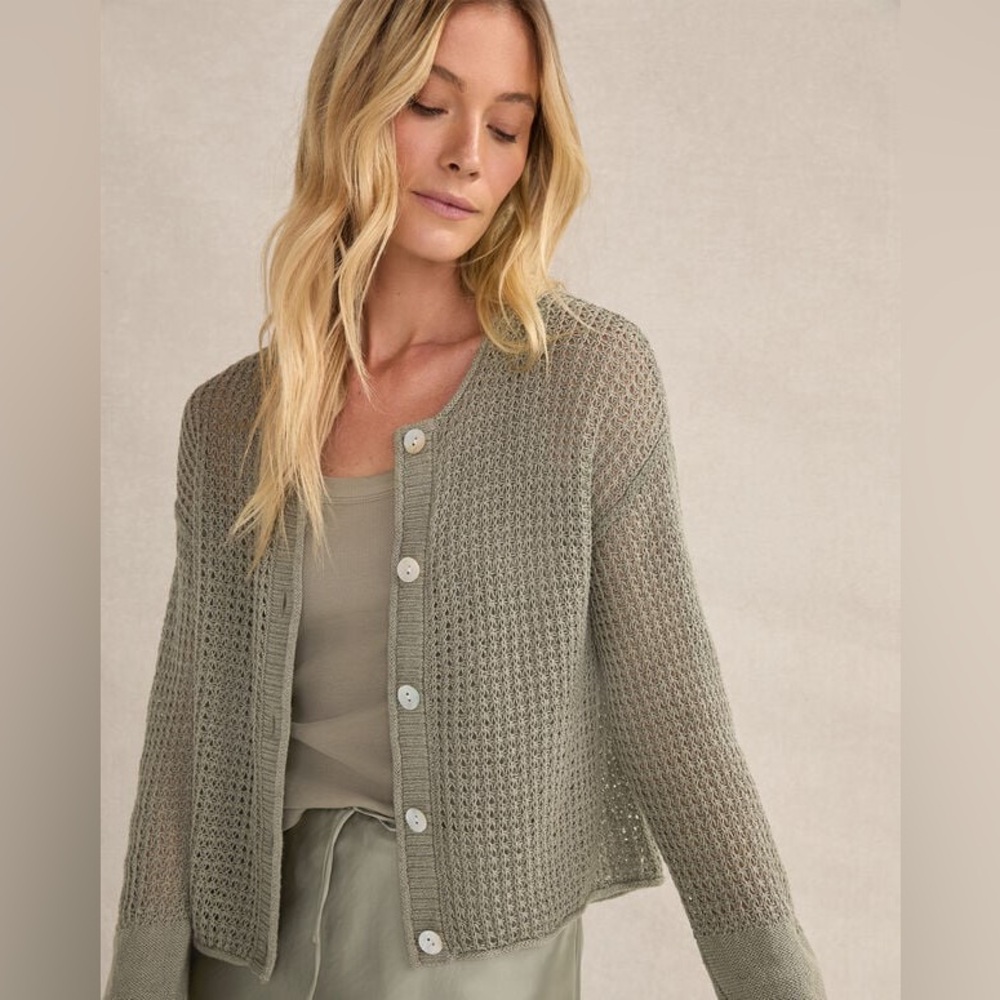 Haven Well Within Organic Cotton Linen Open Stitch Cardigan- Vetiver- L